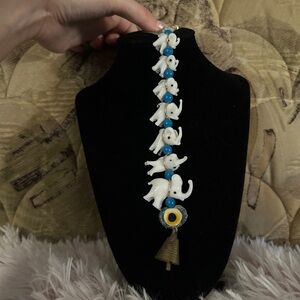 Milk Glass Elephant Beaded Protection Talisman w Evil Eye + Bell